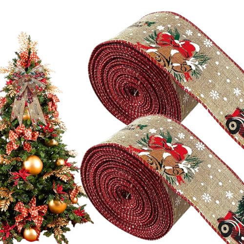 Weihnachten Juteband Seidenbänder Burlap Geschenkband Mit Draht - Weihnachts Seidenbänder Schleifenband Zum Basteln Geschenkverpackung - Decoband Für Handwerk, Hochzeitdeko, Weihnachtsbaum (2 Rolle A) von Angaekkot