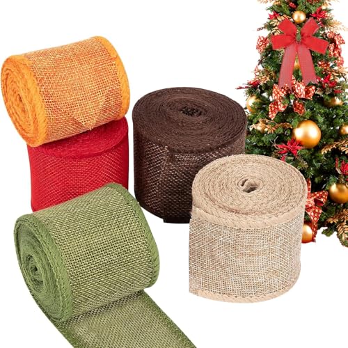 Weihnachten Juteband Seidenbänder Burlap Geschenkband Mit Draht - Weihnachts Seidenbänder Schleifenband Zum Basteln Geschenkverpackung - Decoband Für Handwerk, Hochzeitdeko, Weihnachtsbaum (5 Rolle D) von Angaekkot