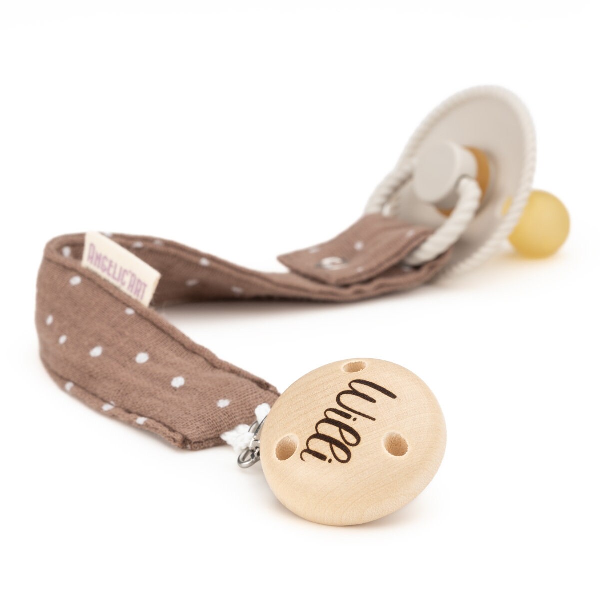 Schnullerband Mit Gravur Namen Für Babys⎮Mädchen Und Jungen⎮Holz - Natur⎮Personalisierte Schnullerkette⎮Braun-Gepunktet von AngelicArtBaby