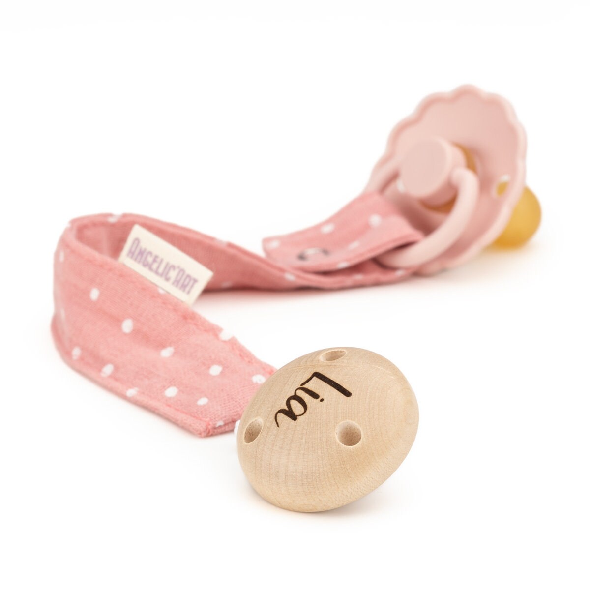 Schnullerband Mit Gravur Namen Für Babys⎮Mädchen Und Jungen⎮Holz - Natur⎮Personalisierte Schnullerkette⎮Rosa-Gepunktet von AngelicArtBaby