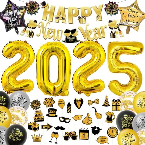 Angenster Silvester Deko 2025 Set mit Happy New Year Banner und Riesen Folienballons, Silvester Photo Booth Requisiten, Schwarz Gold Wirbel Luftballons und Konfetti für Neujahr Weihnachten (A) von Angenster