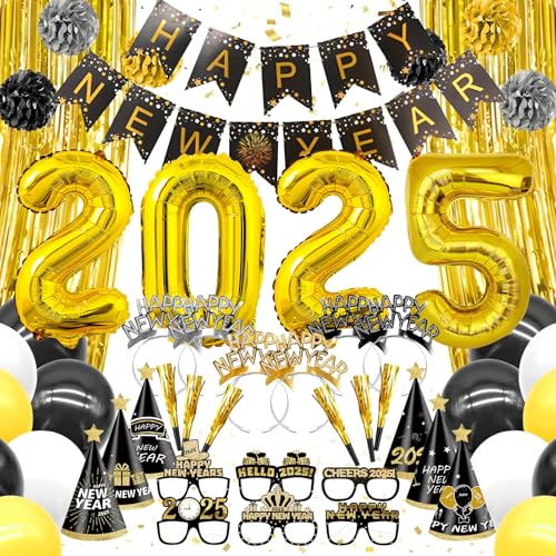 Angenster Silvester Deko 2025 Set mit Happy New Year Banner und Riesen Folienballons, Silvester Photo Booth Requisiten, Schwarz Gold Wirbel Luftballons und Konfetti für Neujahr Weihnachten (B) von Angenster