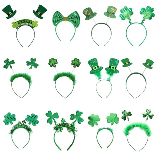 Angenster St. Patricks Day Zubehör, St. Patrick's Day Stirnbänder-Set, grünes Kleeblatt, Haarreifen, irische Foto-Requisiten, Kostüm-Haarschmuck für Kinder und Erwachsene (12 Stück) von Angenster