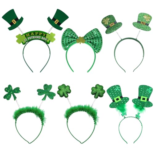 Angenster St. Patricks Day Zubehör, St. Patrick's Day Stirnbänder-Set, grünes Kleeblatt, Haarreifen, irische Foto-Requisiten, Kostüm-Haarschmuck für Kinder und Erwachsene (6 Stück) von Angenster