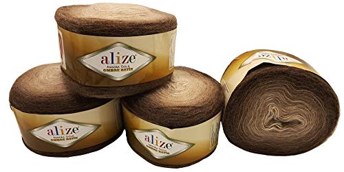 4 x 150 g Alize Strickwolle Farbverlauf, 600 Gramm Strickgarn mit 20% Wolle-Anteil, Farbverlufswolle (braun 7243) von Angora gold Ombre