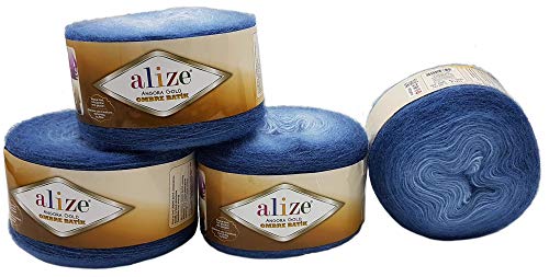 4 x 150 g Alize Strickwolle Farbverlauf , 600 Gramm Strickgarn mit 20% Wolle-Anteil, Farbverlufswolle (blau 7363) von Angora gold Ombre