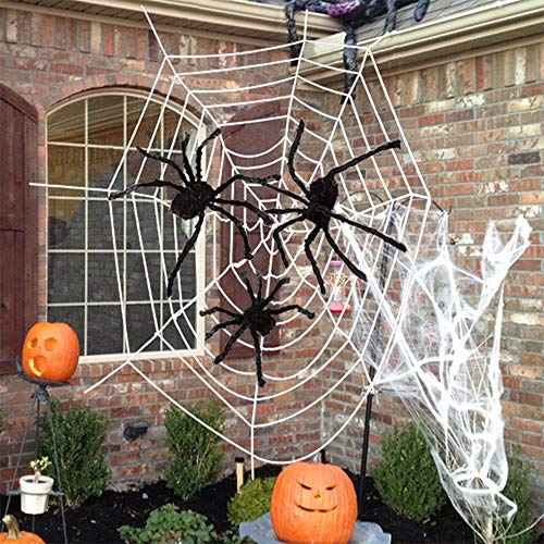 AniSqui 3,5 m Riesen Halloween-Spinnennetz Dekoration + Drei Riesen Halloween-Spinnem + 40g dehnbares Halloween-Spinnennetz für Halloween-Dekorationen, Indoor und Outdoor von AniSqui