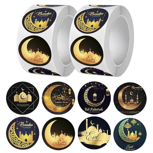 1000 Stück Eid Mubarak Aufkleber, Ramadan Sticker, Ramadan Aufkleber, Ramadan Deko, Selbstklebend Ramadan Geschenkaufkleber für Ramadan Geschenkboxen (2 Rolle) von Anicy