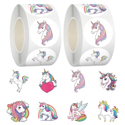 1000 Stück Einhorn Sticker, Einhorn Aufkleber, Einhorn Belohnungssticker, 8 Verschiedene Einhornmuster, Sticker Kinder Mädchen (2 Rolle) von Anicy