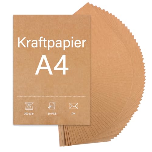 50 Blatt Kraftpapier A4-300g Papier Nachhaltiges Naturpapier, Dickes Papier a4 zum Drucken, Kraftpapier zum Basteln Hochzeit Einladungen, Drucken und Schreiben von Anicy