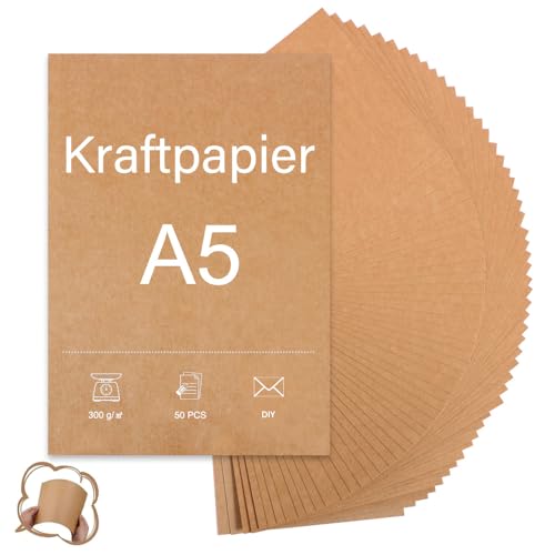 50 Blatt Papier Braun Kraftpapier A5-300g A5 Papier, Dickes Papier A5 zum Drucken, Menükarten Kraftkarton zum Bemalen, Bedrucken, Basteln & Vintage Style Hochzeitsgeschenke von Anicy