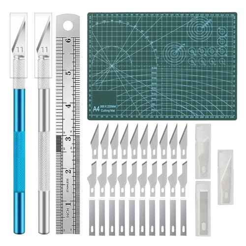 Bastelunterlage Schneidematte Set - Schneidematte a4 mit 40stk Bastelmesser und Stahllineal, Schneideunterlage Cutting Mat für Basteln, Papierschneiden, Zeichnen, Gravieren, Nähen (30x22cm) von Anicy