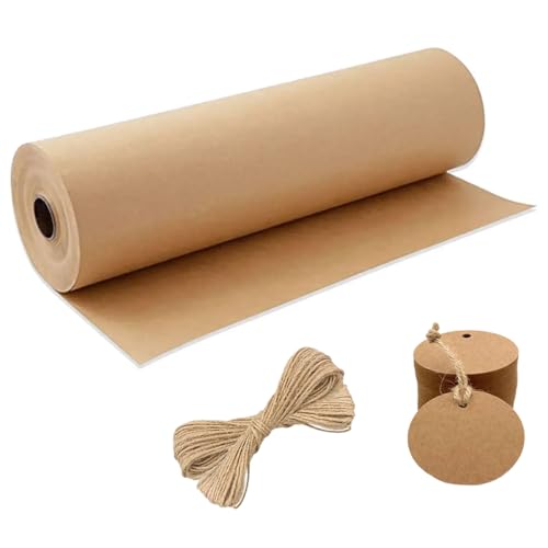 Geschenkpapier Rolle Packpapier - 30cm × 30m Kraftpapier mit 20 Stk Kraftpapieretiketten und 30m Juteschnur, Verpackungspapier für Geschenkverpackungen, Kunsthandwerk, DIY-Produktion, Dekoration von Anicy