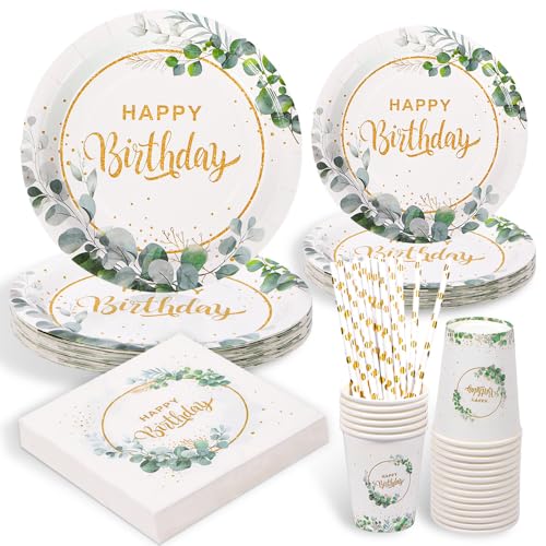 Partygeschirr Set für 16 Personen, Pappgeschirr Set, Eukalyptus Blatt Thematisch Geburtstag Partygeschirr, Baby Shower Partygeschirr, Pappteller, Papierhandtücher, Pappbecher, Papierstrohhalme von Anicy