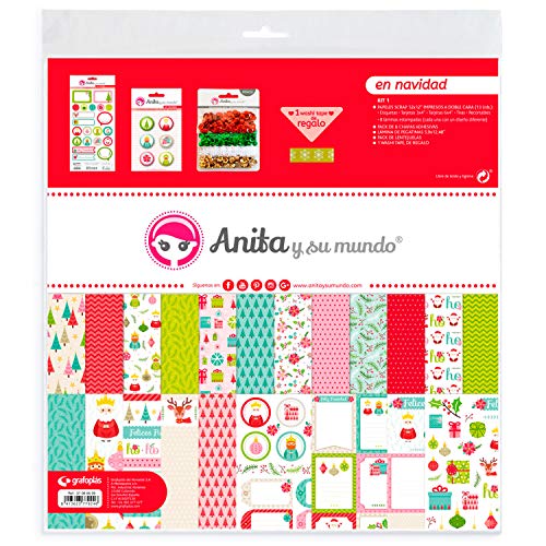 Anita & Seine Welt Kollektion in Weihnachten Kit Tasche Scrapbooking, 13 bedruckte Papiere, Sticker, Abzeichen, Pailletten, Pastell, Washi Tape, Papier, mehrfarbig, 30,5 x 30,5 cm von Anita y Su Mundo