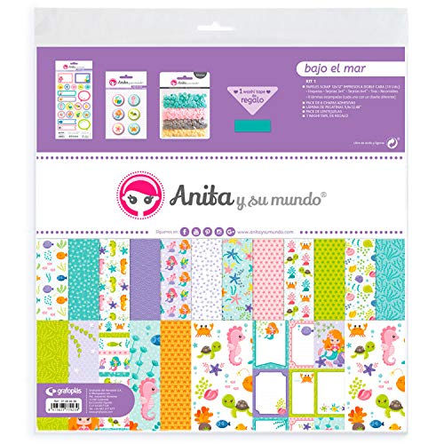 Anita & Seine Welt Kollektion unter dem Meer Kit Tasche für Scrapbooking, 13 bedruckte Papiere, Sticker, Abzeichen, Pailletten, Pastell, Washi Tape, Papier, mehrfarbig, 30,5 x 30,5 cm von Anita y Su Mundo