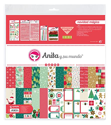 Anita y Su Mundo 37080650 Weihnachts-Scrapbooking-Set, 13 bedruckte Papiere, Aufkleberfolie, Alphabet, Enamel Dots, Pailletten und Washi Tape, magische Weihnachtskollektion von Anita y Su Mundo