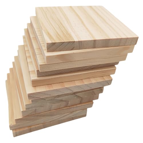 12 Stück Unlackierte quadratische Holzblöcke zum Basteln, 10 x 10 x 1 cm blanko Holzquadrate aus Kiefernholz für Holzschnitzerei, DIY-Holzuntersetzer, Malen und Brennen von Anktily