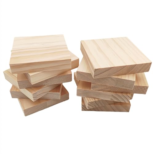 Unlackierte quadratische Holzblöcke zum Basteln, 10 x 10 x 2 cm, blanko, Kiefernholzbretter für Holzschnitzerei, DIY-Holzuntersetzer, Malen und Brennen, 12 Stück von Anktily