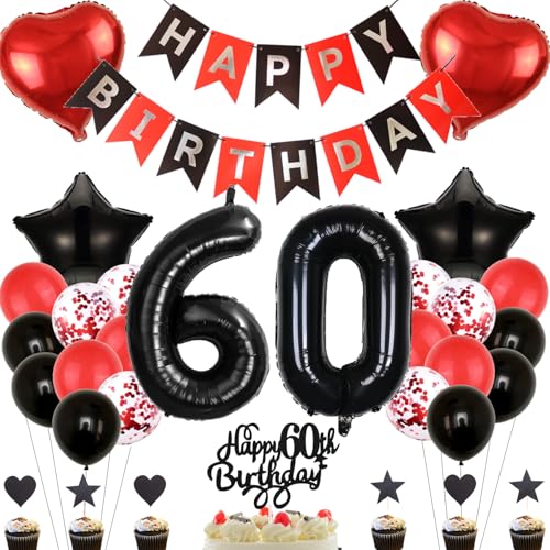 Anlgdi Deko 60. Geburtstag Frau, Tortendeko Geburtstag 60 Jahre Frauen, Rot Schwarz Geburtstagsdeko 60 Jahr Frau, Ballon 60 Geburtstag Mann, Folienballon 60 Geburtstag Männer Frauen Dekoration von Anlgdi