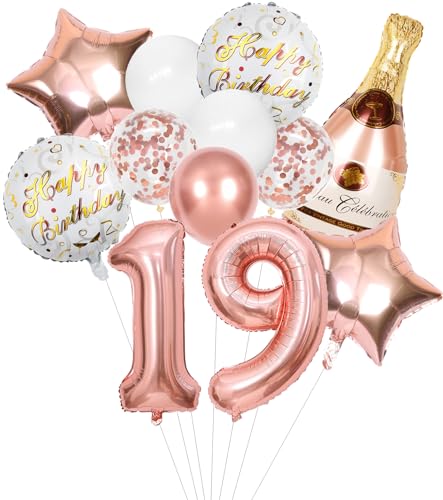 Anlgdi Folienballon Champagne Rosegold, Luftballon 19. Geburtstag Deko Mädchen, Geburtstagsdeko 19 Jahr Mädchen, Helium Ballon Champagner Flasche Bier Happy Birthday Deko für 19. Geburtstag Party Deko von Anlgdi