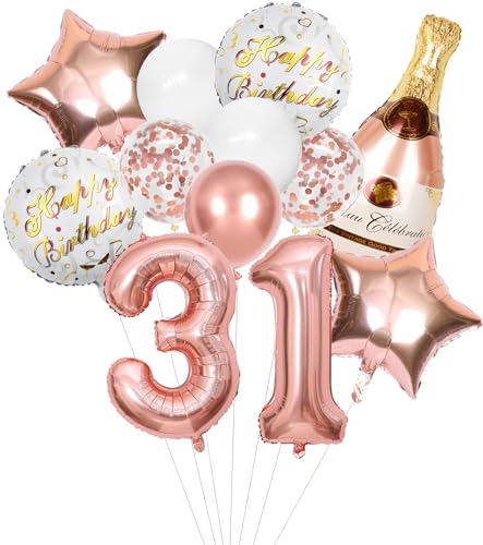 Anlgdi Folienballon Champagne Rosegold, Luftballon 31. Geburtstag Deko Frau, Geburtstagsdeko 31 Jahre Frauen, Helium Ballon Champagner Flasche Bier Happy Birthday Deko für 31. Geburtstag Party Deko von Anlgdi