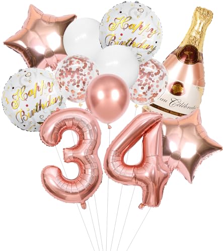 Anlgdi Folienballon Champagne Rosegold, Luftballon 34. Geburtstag Deko Frau, Geburtstagsdeko 34 Jahre Frauen, Helium Ballon Champagner Flasche Bier Happy Birthday Deko für 34. Geburtstag Party Deko von Anlgdi