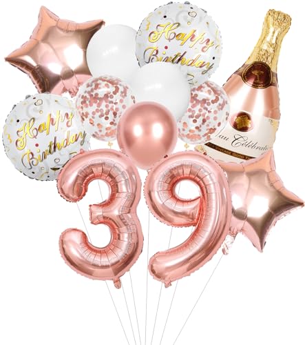 Anlgdi Folienballon Champagne Rosegold, Luftballon 39. Geburtstag Deko Frau, Geburtstagsdeko 39 Jahre Frauen, Helium Ballon Champagner Flasche Bier Happy Birthday Deko für 39. Geburtstag Party Deko von Anlgdi