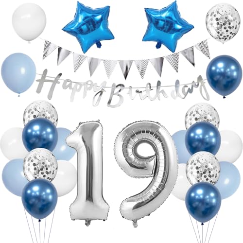 Anlgdi Geburtstagsdeko 19 Jahr Junge, Luftballon 19. Geburtstag Deko, Blau Deko 19. Geburtstag Mädchen, Folienballon 19 Geburtstag Junge Dekoration, Happy Birthday Banner Deko 19 Geburtstag Junge von Anlgdi