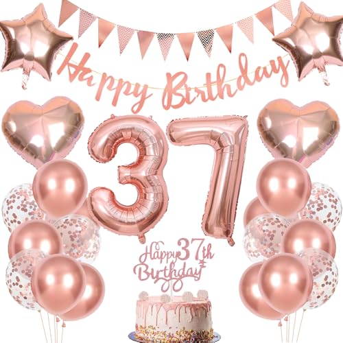 Anlgdi Geburtstagsdeko 37 Jahre Frau, Rosegold Tortendeko Geburtstag 37 Jahre Frauen, Deko 30. Geburtstag Frau, Luftballons 37. Geburtstag Frau, Happy Birthday Banner Deko 37 Geburtstag Frauen von Anlgdi