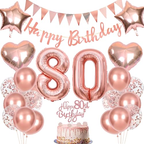 Anlgdi Geburtstagsdeko 80 Jahre Frau, Rosegold Tortendeko Geburtstag 80 Jahre Frauen, Deko 80. Geburtstag Frau, Luftballons 80. Geburtstag Frau, Happy Birthday Banner Deko 80 Geburtstag Frauen von Anlgdi