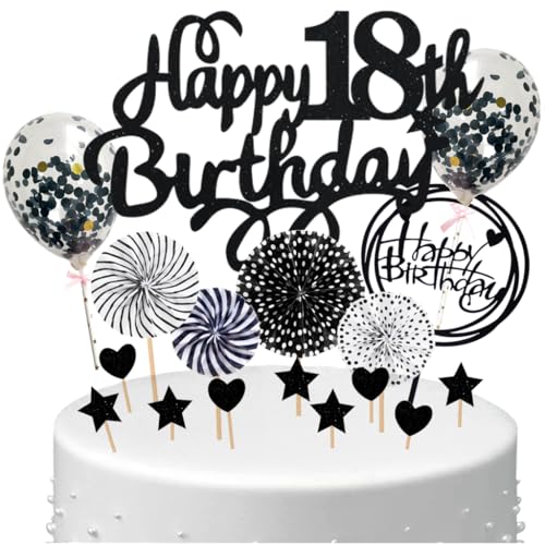 Anlgdi Happy 18th Birthday Tortendeko 18 Jahre Mädchen, Schwarz Tortendeko 18 Geburtstag Kuchen Deko 18 Geburtstag Mädchen, Glitter Cake Topper 18. Deko für Geburstagstorte Deko 18 Jahre Mädchen Junge von Anlgdi