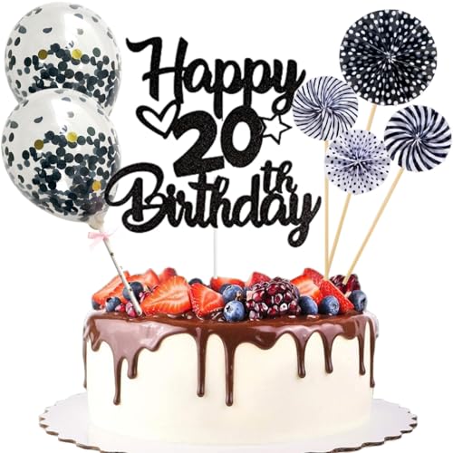 Anlgdi Tortendeko 20. Geburtstag Mann Frau, Kuchen Topper Happy 20th Birthday Schwarz, Glitzer Cake Topper 20. Geburtstag Ballons Konfetti Papierfächer für Geburtstagstorte Deko 20 Jahre Frauen Männer von Anlgdi