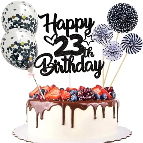 Anlgdi Tortendeko 23. Geburtstag Mann Frau, Kuchen Topper Happy 23th Birthday Schwarz, Glitzer Cake Topper 23. Geburtstag Ballons Konfetti Papierfächer für Geburtstagstorte Deko 23 Jahre Frauen Männer von Anlgdi