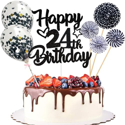 Anlgdi Tortendeko 24. Geburtstag Mann Frau, Kuchen Topper Happy 24th Birthday Schwarz, Glitzer Cake Topper 24. Geburtstag Ballons Konfetti Papierfächer für Geburtstagstorte Deko 24 Jahre Frauen Männer von Anlgdi