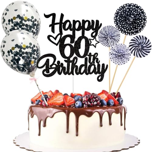 Anlgdi Tortendeko 60. Geburtstag Mann Frau, Kuchen Topper Happy 60th Birthday Schwarz, Glitzer Cake Topper 60. Geburtstag Ballons Konfetti Papierfächer für Geburtstagstorte Deko 60 Jahre Frauen Männer von Anlgdi