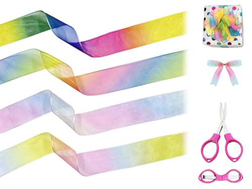 Anlising 4PCS Regenbogen Geschenkband,Organza Bänder,Gradient Farben Seidenband,Regenboge Deko Schleifenband, Schimmer Sheer Seidenband, Senden 1 Mini Faltschere, für Geschenkverpackung (10Yard/25MM) von Anlising