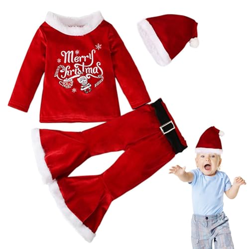 Anloximt Weihnachtselfen-Outfits für Mädchen,Weihnachtsmann-Kostüm, langärmeliger Samtpullover, Glockenboden, Weihnachtsmannmütze | Weihnachtsmann-Druck, Rundhals-Hemden, Sweatshirt, von Anloximt