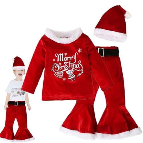 Anloximt Weihnachtselfen-Outfits für Mädchen - Hautfreundliches Weihnachtsmannkostüm aus Samt | Rundhals-Hemden mit Weihnachtsmann-Aufdruck, Sweatshirt, Blumen-Weihnachtsmann-Schlaghose zum von Anloximt