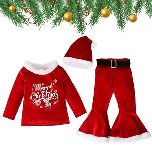 Anloximt Weihnachtselfen-Outfits für Mädchen | Samtpullover + Schlaghose + Weihnachtsmütze,Hautfreundliche Winter-Weihnachtsoutfits aus weichem Samt für die Feiertags-Geburtstagsfeier von Anloximt