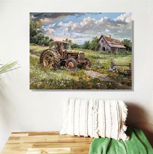 Malen Nach Zahlen Erwachsene Bauernhof Malen Nach Zahlen Traktor Paint by Numbers DIY Handgemalt Ölgemälde Leinwand Bastelset Kit mit Pinseln Acrylfarben,Zimmer Deko Geschenk 50x70cm Mit Rahmen M-417 von Anmiong