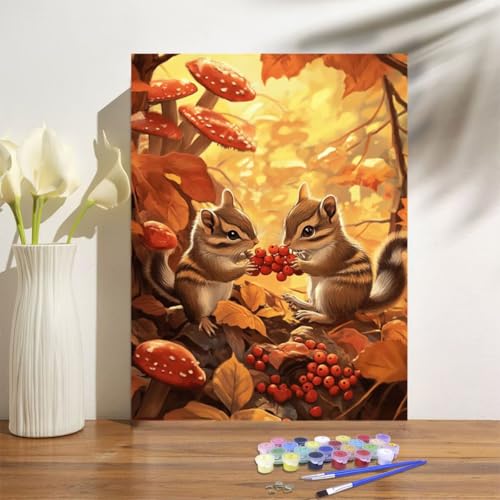 Malen Nach Zahlen Erwachsene Eichhörnchen Malen Nach Zahlen Pilz Paint by Numbers DIY Handgemalt Ölgemälde Leinwand Bastelset Kit mit Pinseln Acrylfarben,Zimmer Deko Geschenk 50x70cm Mit Rahmen M-1219 von Anmiong