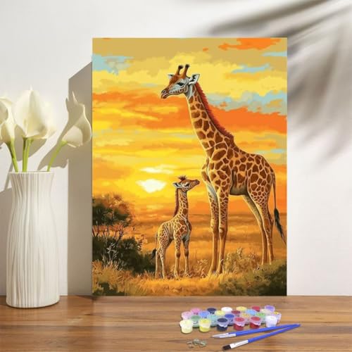 Malen Nach Zahlen Erwachsene Giraffe Malen Nach Zahlen Landschaft Paint by Numbers DIY Handgemalt Ölgemälde Leinwand Bastelset Kit ,Pinseln Acrylfarben,Zimmer Deko Geschenk 50x70cm Mit Rahmen M-1261 von Anmiong