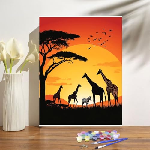 Malen Nach Zahlen Erwachsene Giraffe Malen Nach Zahlen Sonnenuntergang Paint by Numbers Handgemalt Ölgemälde Leinwand Bastelset Kit mit Pinseln Acrylfarben,Zimmer Deko Gifts 50x70cm Mit Rahmen M-1262 von Anmiong