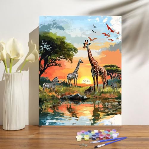 Malen Nach Zahlen Erwachsene Giraffe Malen Nach Zahlen Sonnenuntergang Paint by Numbers Handgemalt Ölgemälde Leinwand Bastelset Kit mit Pinseln Acrylfarben,Zimmer Deko Gifts 50x70cm Mit Rahmen M-1263 von Anmiong