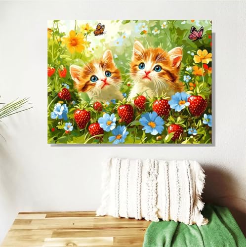 Malen Nach Zahlen Erwachsene Groß 120x90cm, Katze Malen Nach Zahlen Erdbeere DIY Handgemalt Ölgemälde Leinwand Paint by Numbers Kit Mit Pinseln und Acrylfarbe Geschenke für Frauen (Mit Rahmen ) M-366 von Anmiong