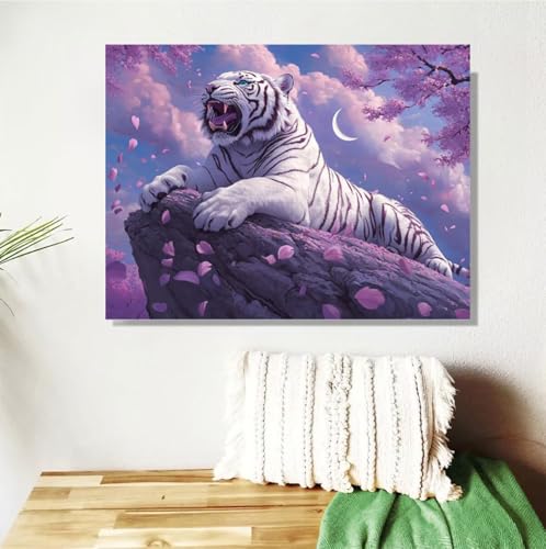 Malen Nach Zahlen Erwachsene Groß 120x90cm, Tiger Malen Nach Zahlen Mond DIY Handgemalt Ölgemälde Leinwand Paint by Numbers Kit Mit Pinseln und Acrylfarbe Geschenke für Frauen (Mit Rahmen ) M-340 von Anmiong