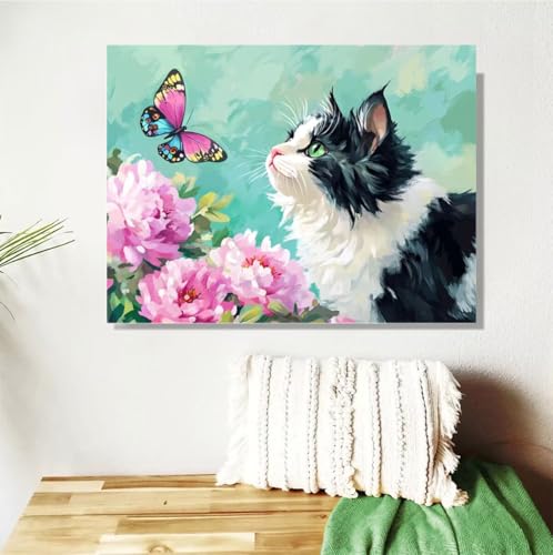 Malen Nach Zahlen Erwachsene Groß 120x90cm,Katze Malen Nach Zahlen Schmetterling DIY Handgemalt Ölgemälde Leinwand Paint by Numbers Kit Mit Pinseln Acrylfarbe Geschenke für Frauen(Mit Rahmen) M-387 von Anmiong