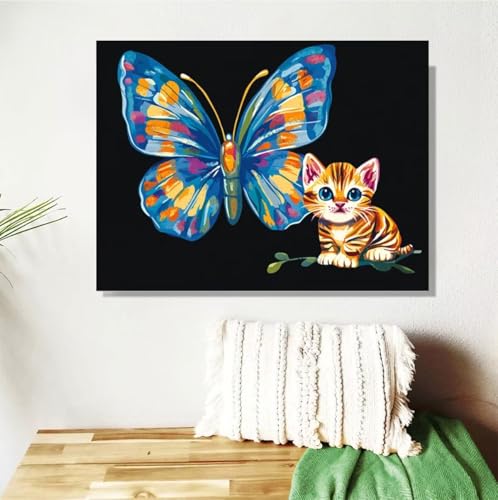 Malen Nach Zahlen Erwachsene Groß 120x90cm,Katze Malen Nach Zahlen Schmetterling DIY Handgemalt Ölgemälde Leinwand Paint by Numbers Kit Mit Pinseln Acrylfarbe Geschenke für Frauen(Mit Rahmen) M-386 von Anmiong