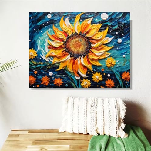 Malen Nach Zahlen Erwachsene Groß 120x90cm,Sonnenblume Malen Nach Zahlen Blume DIY Handgemalt Ölgemälde Leinwand Paint by Numbers Kit Mit Pinseln und Acrylfarbe Geschenke für Frauen (Mit Rahmen) M-582 von Anmiong